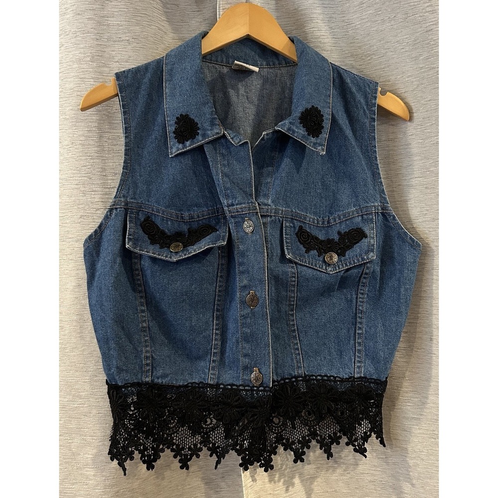 Vintage 90s USIX‎ Denim Vest Black Lace Size Medium USA